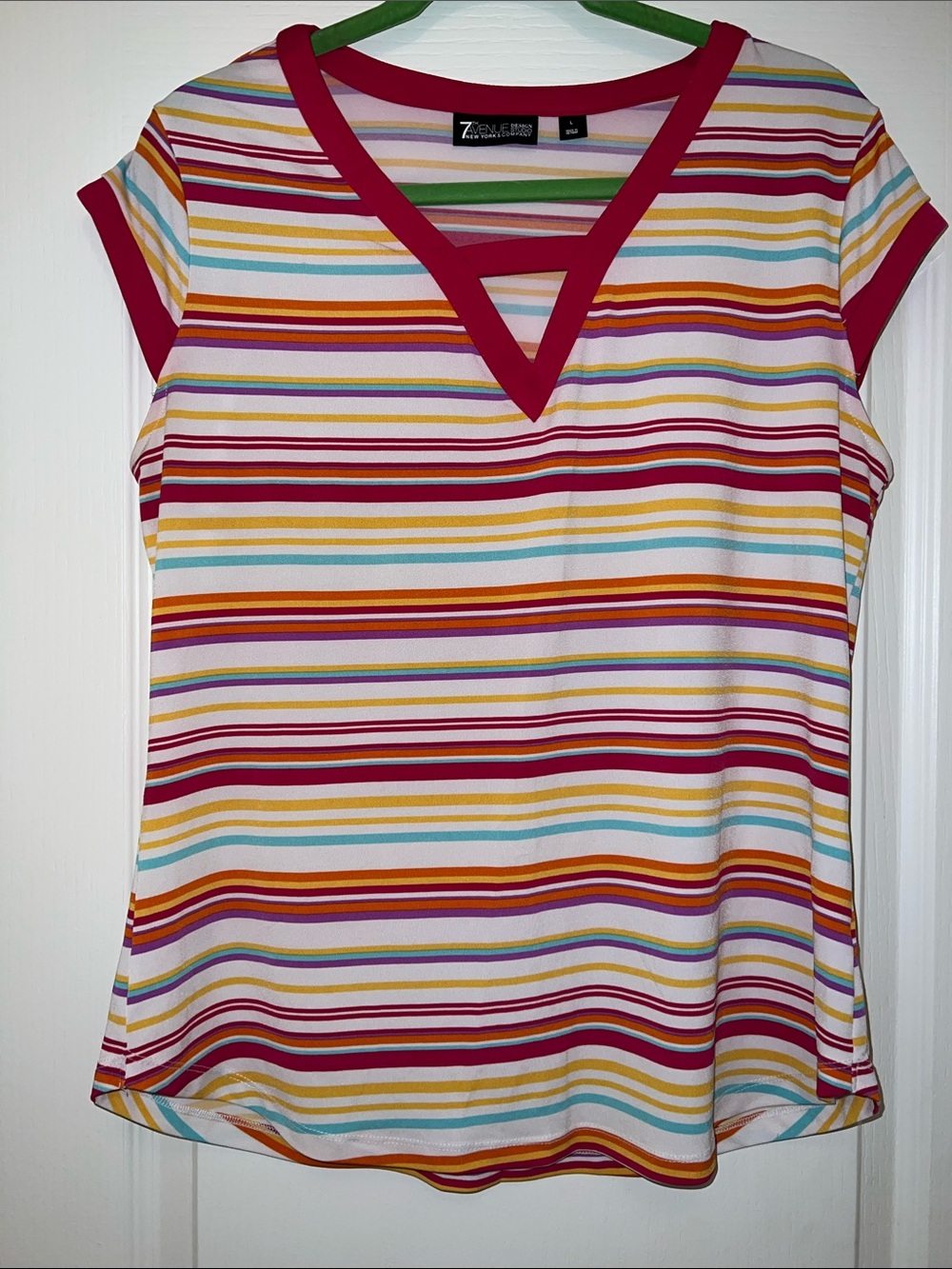 New York & Company Multicolor Striped V-Neck Tee with Pink Trim